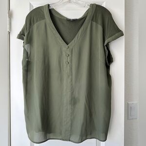 Relaxed V-Neck Olive Green Blouse with Button Front